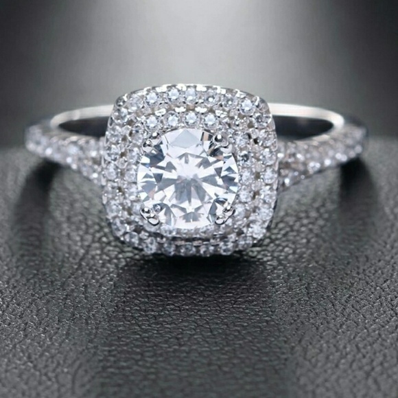 Jewelry - Sterling Silver Cushion Cut Halo Diamond Cz Ring